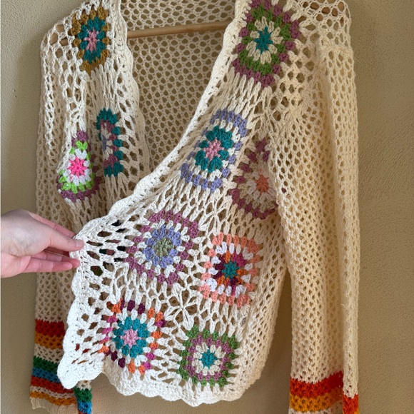 Floral Multi Color Granny Square Crochet Striped Bell Sleeve Cardigan Sweater S - Picture 3 of 10